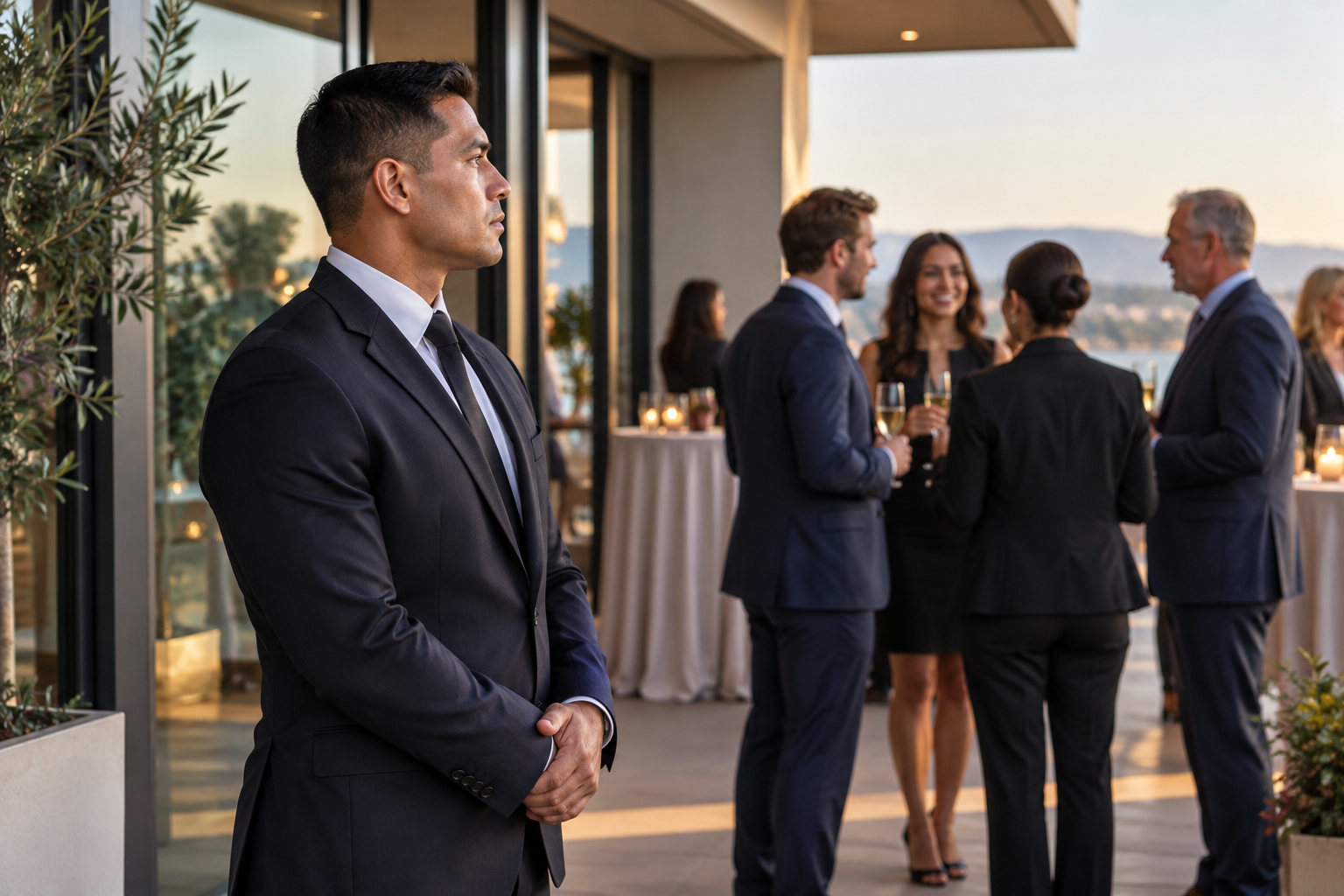 suited security overseeing corporate reception